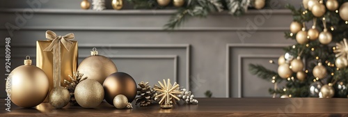 A beautifully designed Christmas setting featuring gifts wrapped in gold, elegant ornaments, and a festive, softly lit background. photo