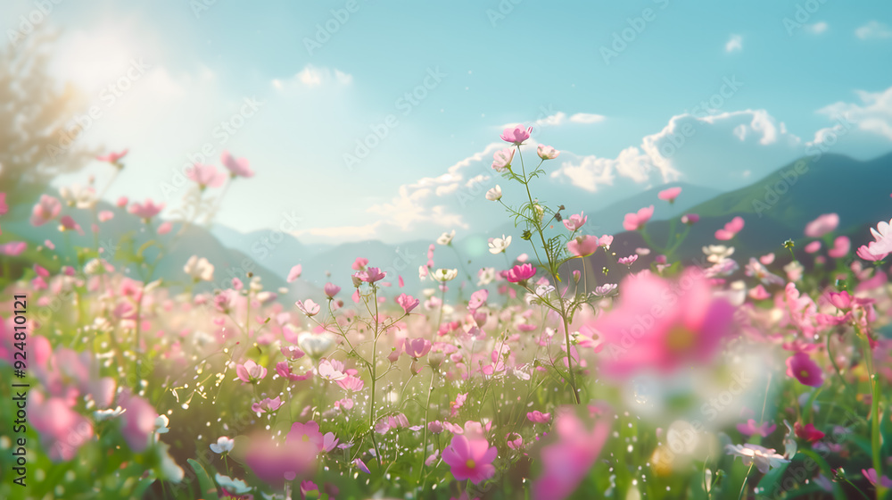 Obraz premium A beautiful sunny meadow with many little pink flowers