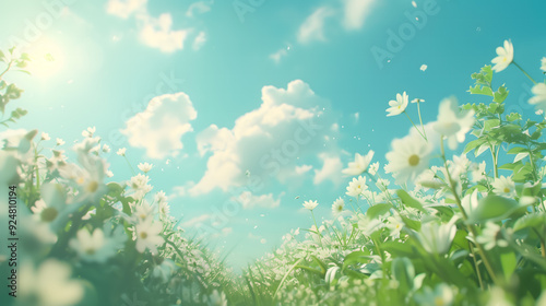 Sunny meadow with daisies with clear blue sky