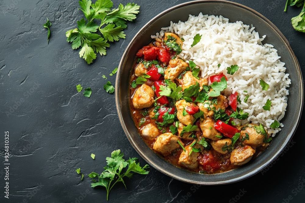 Savory chicken curry with jasmine rice, placed on the right side of a dark stone table. Professional overhead shot showcasing the aromatic and rich meal.