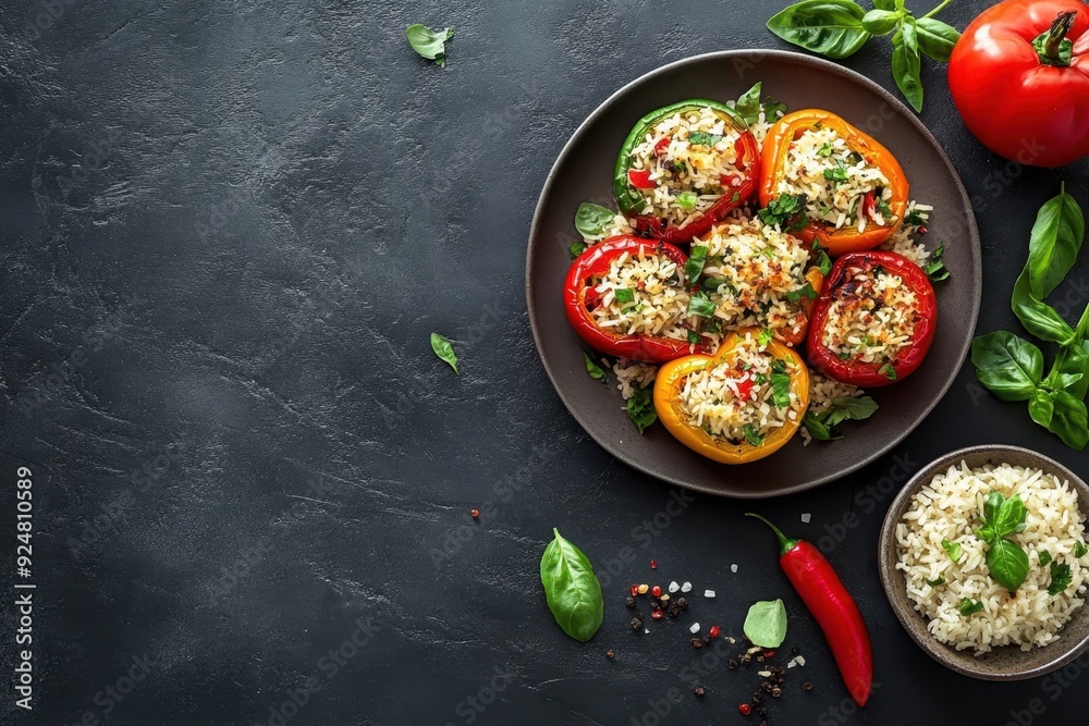 Cheesy stuffed bell peppers with a side of rice, placed on the right side of a dark stone table. Professional overhead shot showcasing the savory and satisfying dish.