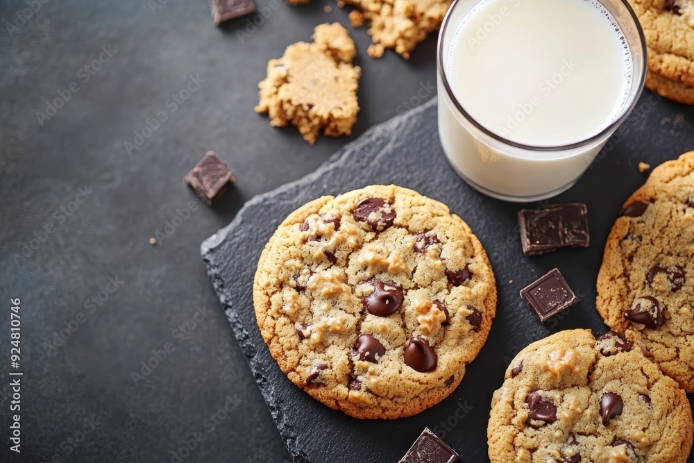 Chewy chocolate chip cookies with a glass of milk, placed on the right side of a dark stone table. Professional overhead shot showcasing the sweet and classic treat. Chewy chocolate chip cookies with a glass of milk, placed on the right side of a dark stone table. Professional overhead shot showcasing the sweet and classic treat.