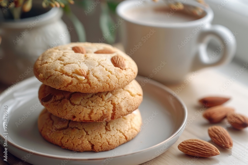 Three almond cookies on a plate beside a cup of coffee and scattered almonds. Three almond cookies on a plate beside a cup of coffee and scattered almonds.