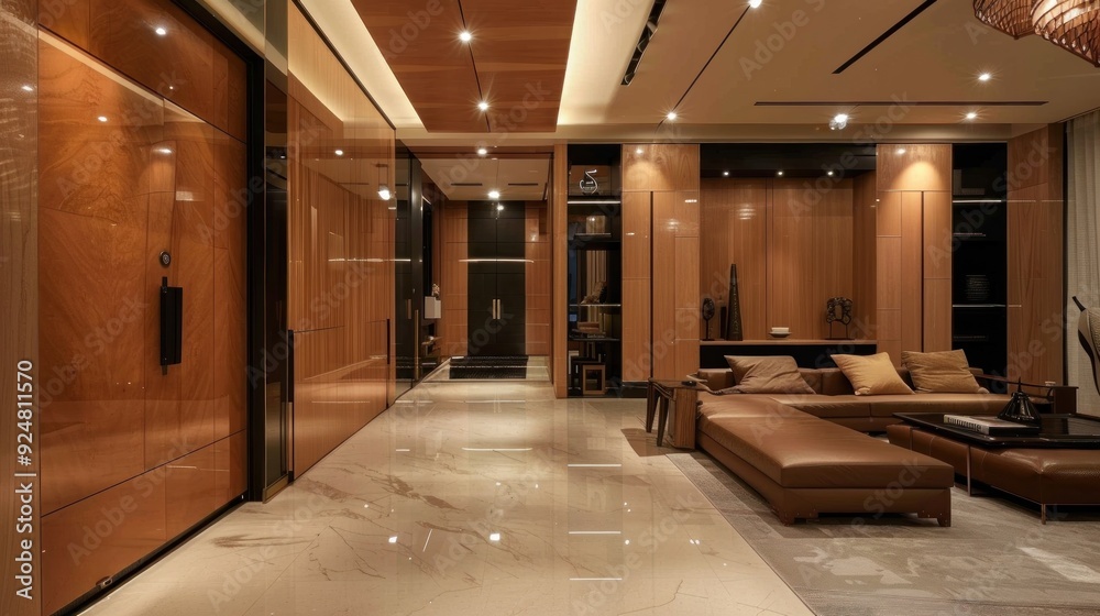 Modern Interior Design with Wood Paneling and Marble Floors Modern Interior Design with Wood Paneling and Marble Floors