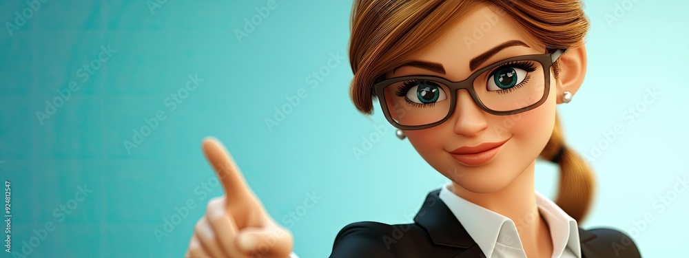 3D Cartoon of a Charming Businesswoman Pointing Her Finger