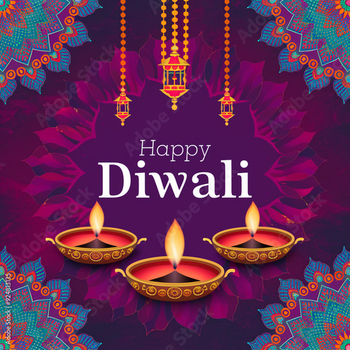 Happy Diwali Vertical Poster Intricate Mandala Golden Diyas Hanging Lanterns Purple Background