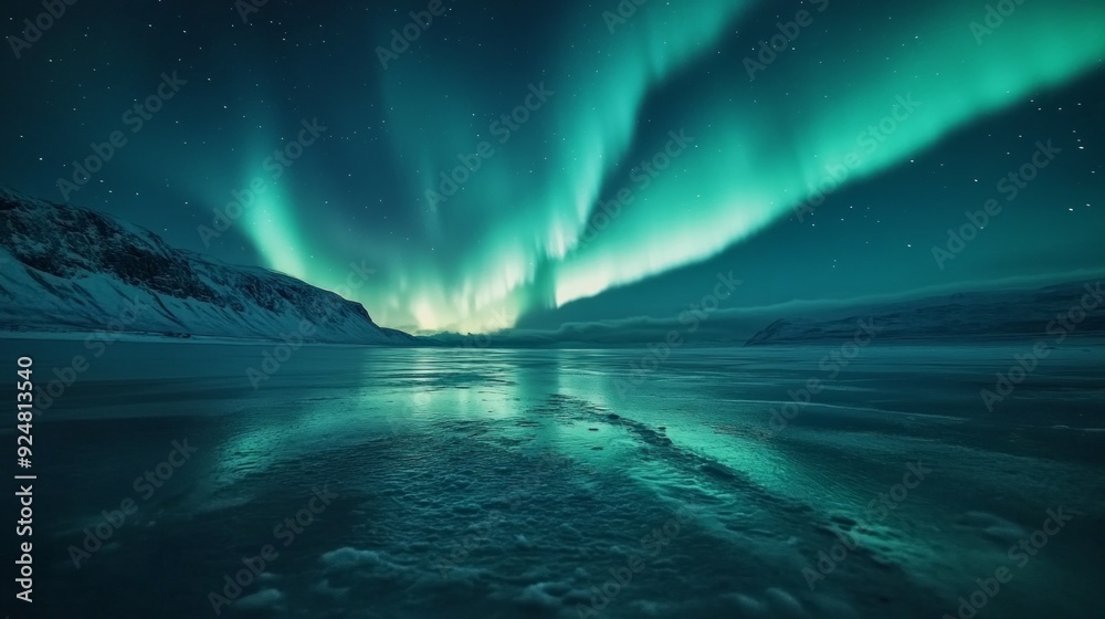 Naklejka premium Breathtaking northern lights dance across the night sky. An enchanting scene with vibrant colors and tranquility. Perfect for nature enthusiasts and art lovers looking for inspiration. AI