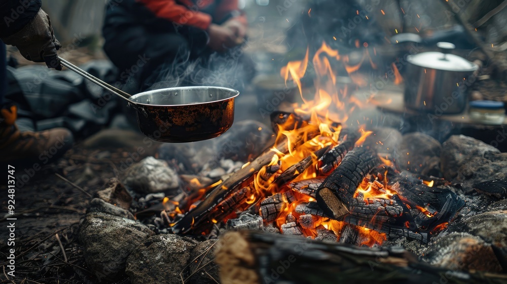 Wild camping, food cooked on a campfire is prepared. Generative AI Wild camping, food cooked on a campfire is prepared. Generative AI