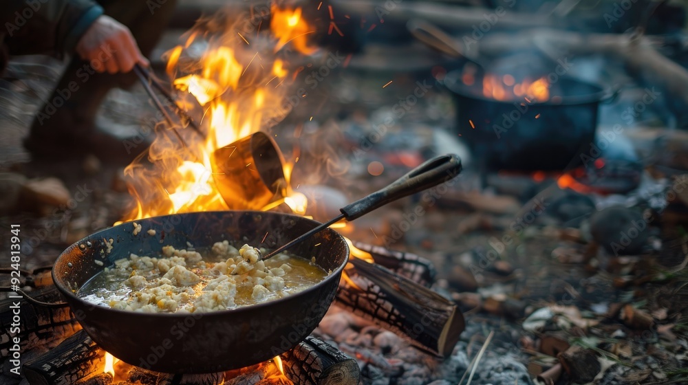 Wild camping, food cooked on a campfire is prepared. Generative AI Wild camping, food cooked on a campfire is prepared. Generative AI