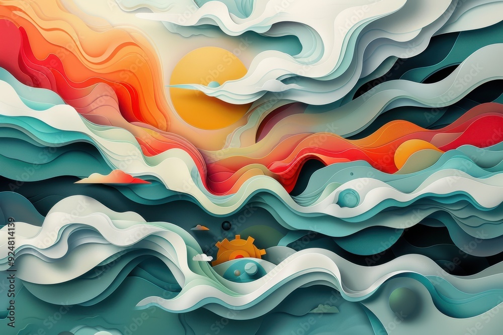 Fototapeta premium Abstract Papercut Landscape with Sun and Gear
