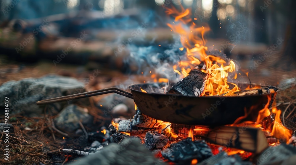 Wild camping, food cooked on a campfire is prepared. Generative AI Wild camping, food cooked on a campfire is prepared. Generative AI
