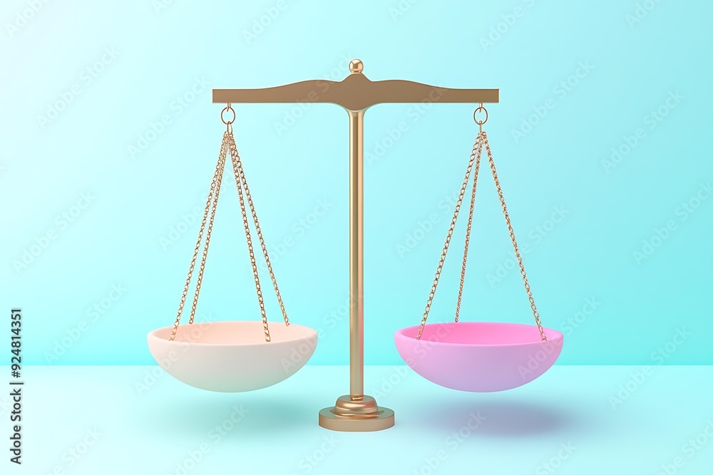 balanced scale withwhite bowl on one side andpink bowl onother, symbolizing equality and fairness. balanced scale withwhite bowl on one side andpink bowl onother, symbolizing equality and fairness.
