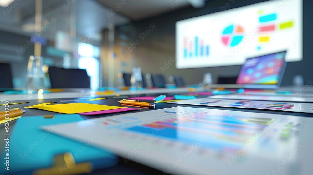 A crisp, close-up shot of a modern boardroom table with business documents, colorful charts, and a laptop displaying a presentation, set against a soft-focus backdrop of a high-tech projector screen. A crisp, close-up shot of a modern boardroom table with business documents, colorful charts, and a laptop displaying a presentation, set against a soft-focus backdrop of a high-tech projector screen.