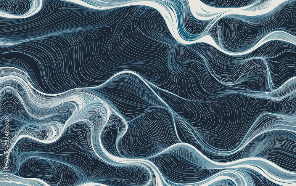 Obraz premium Fluid abstract line art waves dance in a dark blue and white palette.