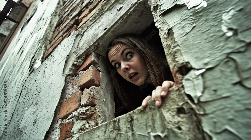 Curious woman peeking through a broken wall, distressed urban exploration concept Curious woman peeking through a broken wall, distressed urban exploration concept