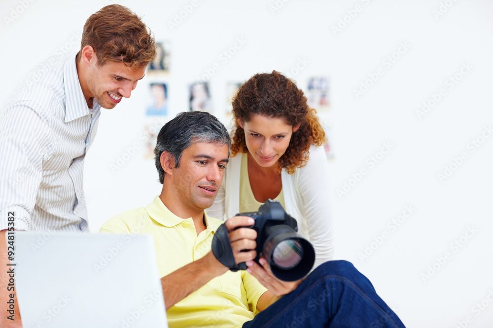 Team, staff and camera for photography in office, review pictures and creative business. People, talking and feedback on lens in media production with editing image and support for digital art Team, staff and camera for photography in office, review pictures and creative business. People, talking and feedback on lens in media production with editing image and support for digital art