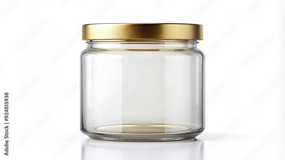 Blank glass jar mockup with golden lid, isolated on white background, mockup, rendering, empty, conservation, utensil, clear Blank glass jar mockup with golden lid, isolated on white background, mockup, rendering, empty, conservation, utensil, clear