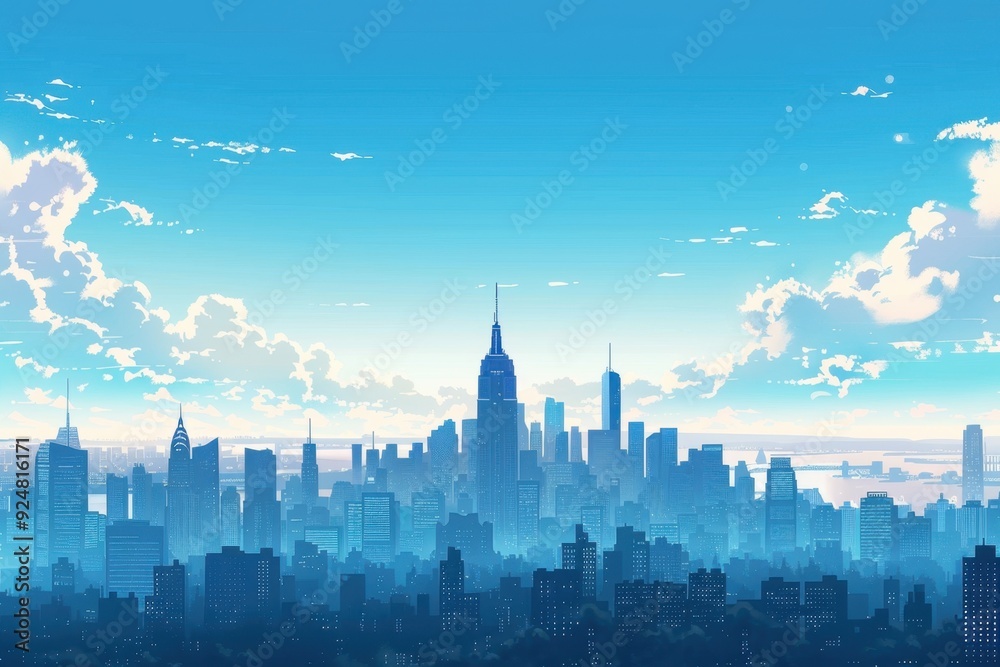 Silhouetted Cityscape with Blue Sky and Clouds Silhouetted Cityscape with Blue Sky and Clouds