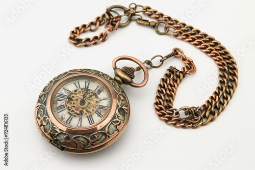 pocket watch with chain around it, An antique pocket watch with chain photo