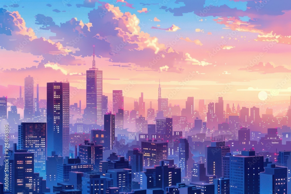 Obraz premium Cityscape at Dusk with Pastel Skies and Glowing Buildings