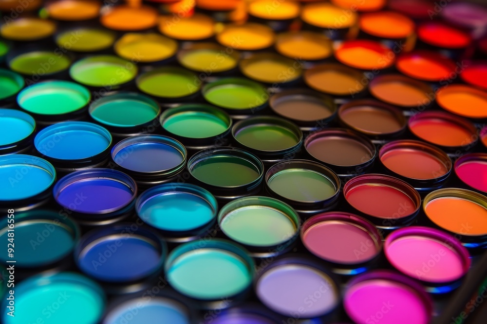 rainbow of colored liquids in glass, An array of color gels organized by color gradient rainbow of colored liquids in glass, An array of color gels organized by color gradient