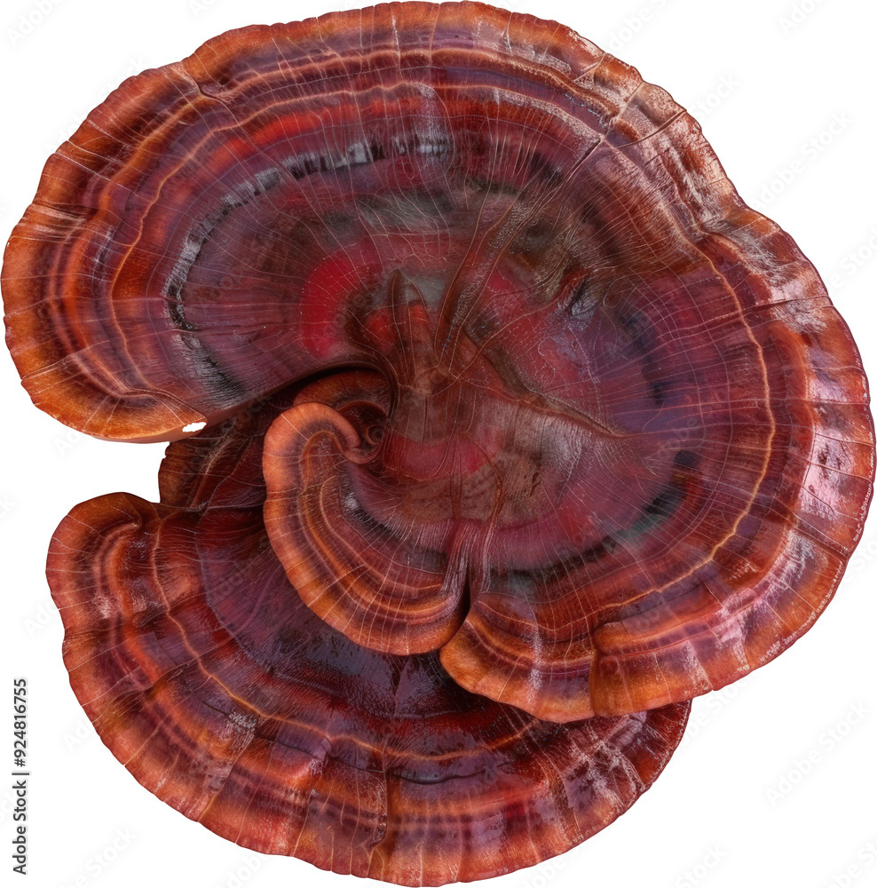 Close-up of a vibrant red and brown mushroom with a unique, layered texture. Close-up of a vibrant red and brown mushroom with a unique, layered texture.