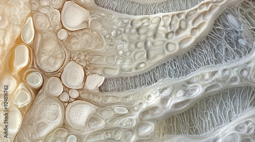 A close-up microscopic view of human skin cells in the epidermis layer. The image captures the detailed structure of keratinocytes, with their characteristic flattened, scale-like appearance. The photo