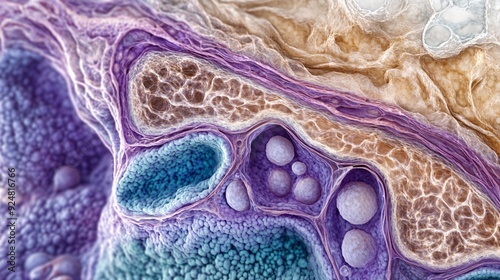 A detailed microscopic image of a human skin cell under high magnification. The photograph captures the intricate details of the cell membrane, cytoplasm, and nucleus, with the membrane exhibiting a photo