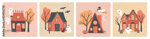 Collection of Halloween haunted house ghost vector illustration