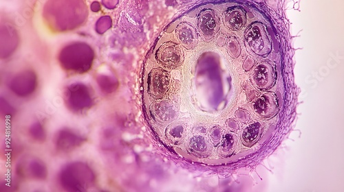 A highly magnified view of a human sweat gland and its ducts. The sweat gland appears as a coiled, tubular structure, with a network of tiny ducts leading to the skin's surface. The glandular tissue
