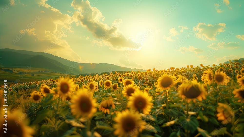 Fototapeta premium Sunflower Farm Landscape: A Stunning Field of Sunflowers in the Mountains