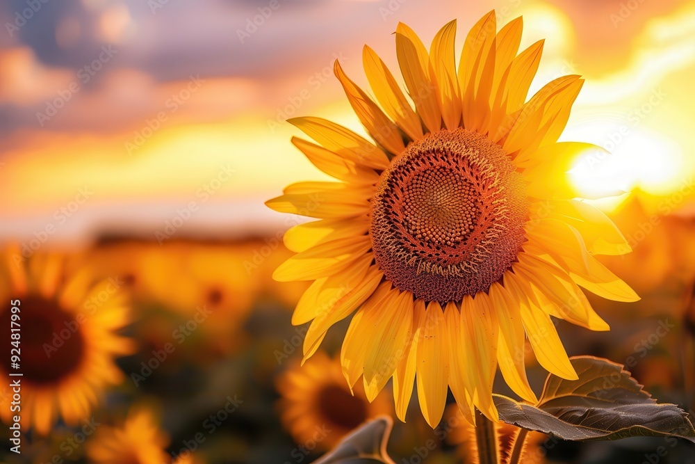 Obraz premium Sunflower Field. A Stunning Sunset Over a Vast Field of Sunflowers in the Countryside