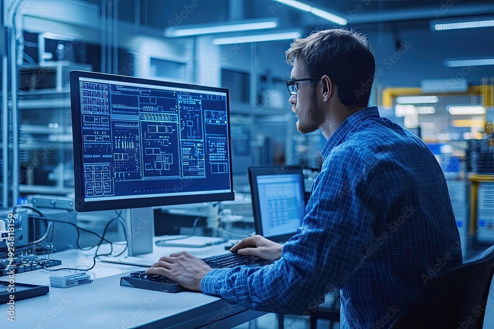 Engineer working on a computer in a modern factory. Industrial background Engineer working on a computer in a modern factory. Industrial background