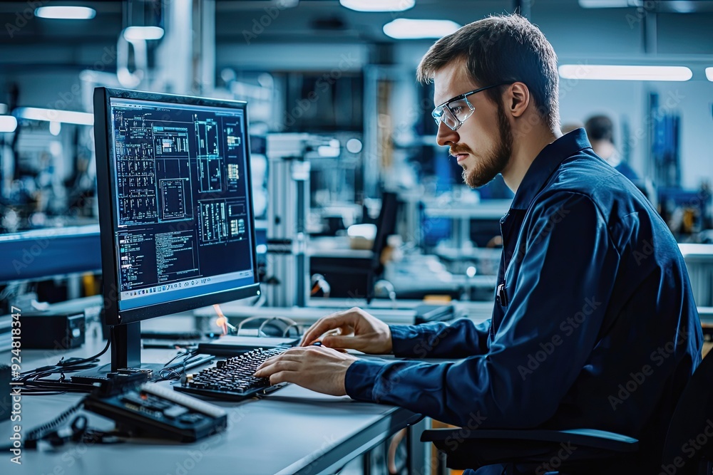 Engineer working on a computer in a modern factory. Industrial background Engineer working on a computer in a modern factory. Industrial background