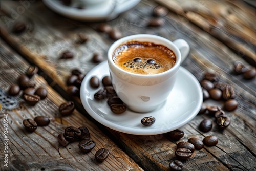 Coffee cup and coffee beans on a wooden background. toning. selective focus