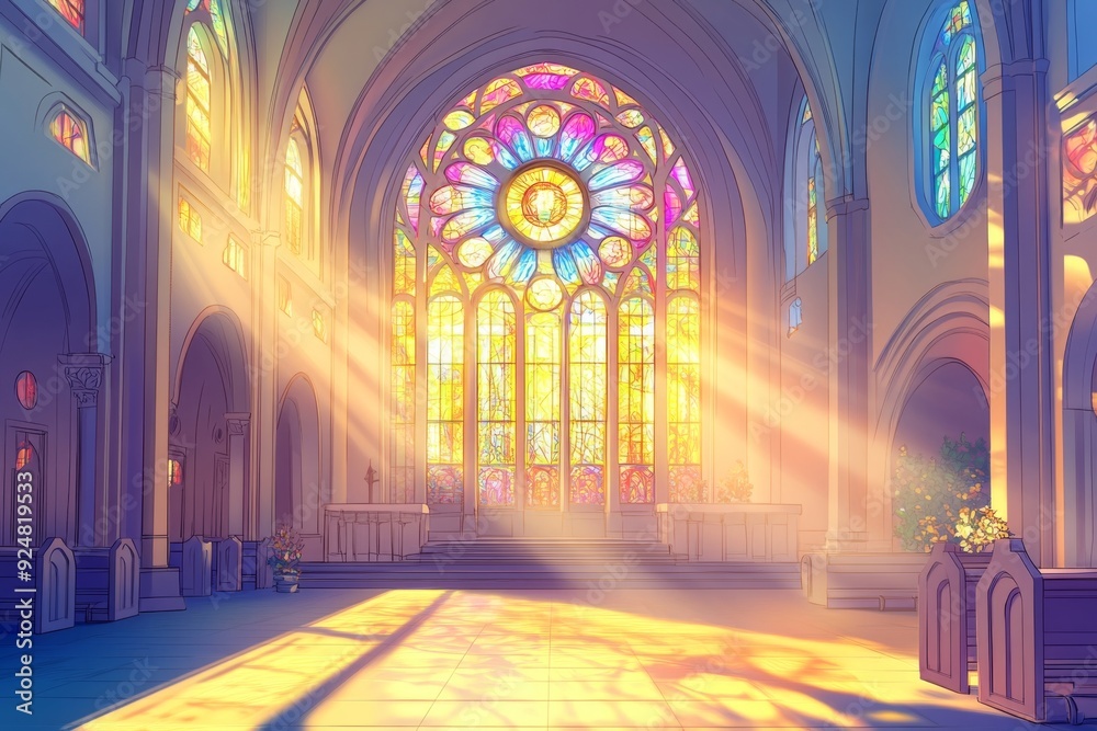 A beautiful stained glass window in a church, surrounded by stunning architecture and illuminated by sunlight. A beautiful stained glass window in a church, surrounded by stunning architecture and illuminated by sunlight.