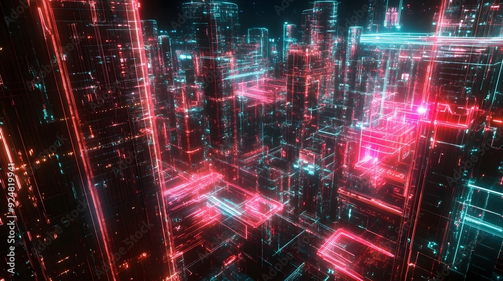 86. A complex array of glowing lines and translucent shapes creating a high-tech, transparent scene 86. A complex array of glowing lines and translucent shapes creating a high-tech, transparent scene