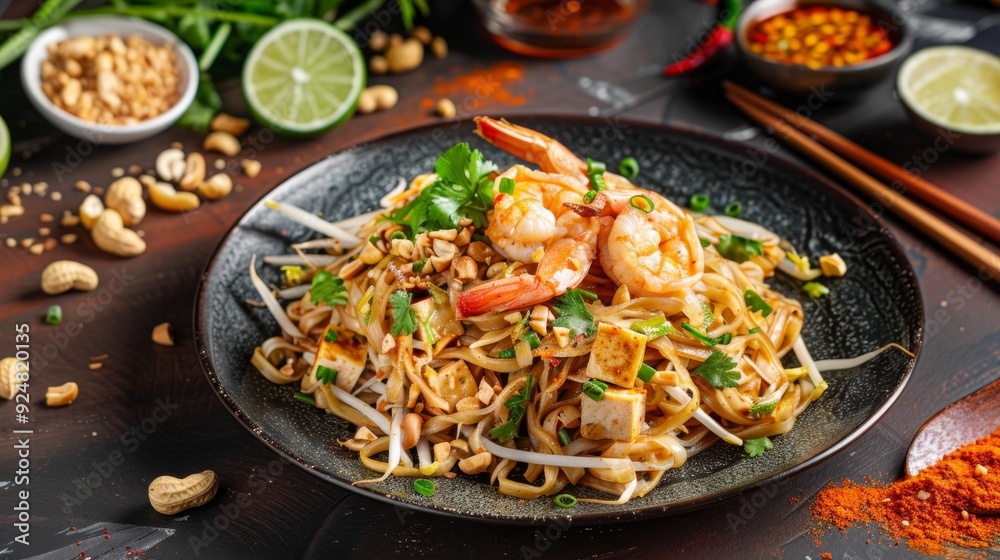 Thai Pad Thai Delight on traditional Thai plate Thai Pad Thai Delight on traditional Thai plate