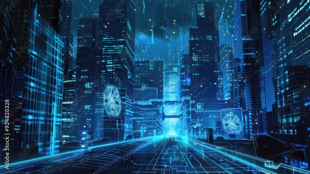 Cyberpunk Cityscape with Glowing Blue Lights