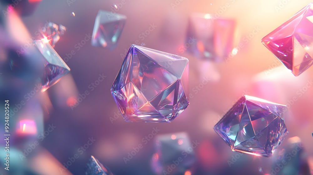 90. Ethereal, floating geometric shapes with radiant highlights and a transparent surface 90. Ethereal, floating geometric shapes with radiant highlights and a transparent surface