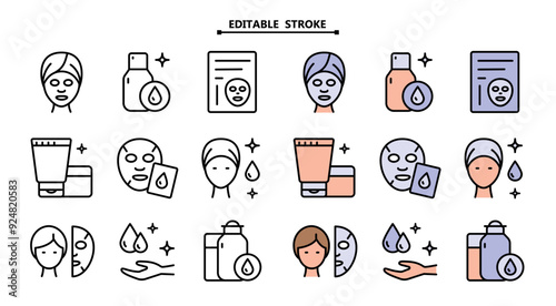 Skin care icons set vector illustration. Editable stroke. Contains such icon as aroma, cleaning, treatment, acne, moist and more.