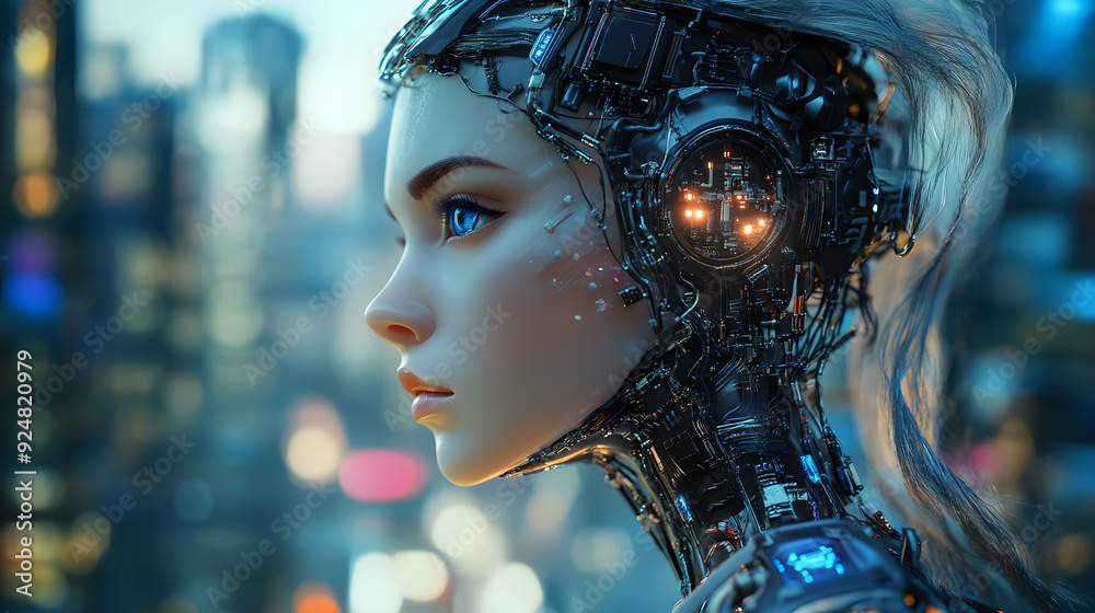 A beautiful european female robot with an extremely detailed head, a close-up of the face and hair, against a background of a futuristic cityscape