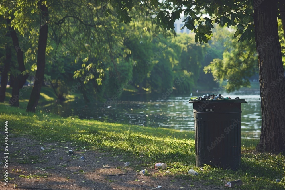 trash can sitting next to river, An overfilled trashcan alongside serene pristine park, illustrating the effects of littering trash can sitting next to river, An overfilled trashcan alongside serene pristine park, illustrating the effects of littering