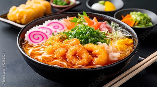 Delicious Japanese ramen bowl with tempura shrimp, narutomaki, green onions, and assorted toppings, traditional Asian cuisine, gourmet food photography photo