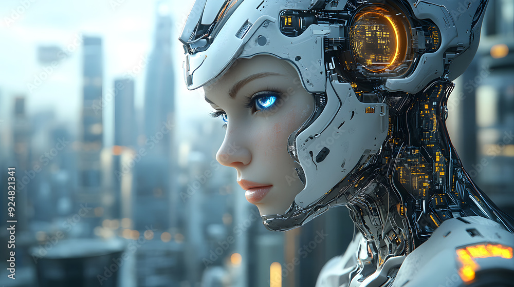 A beautiful european female robot with an extremely detailed head, a close-up of the face and hair, against a background of a futuristic cityscape A beautiful european female robot with an extremely detailed head, a close-up of the face and hair, against a background of a futuristic cityscape