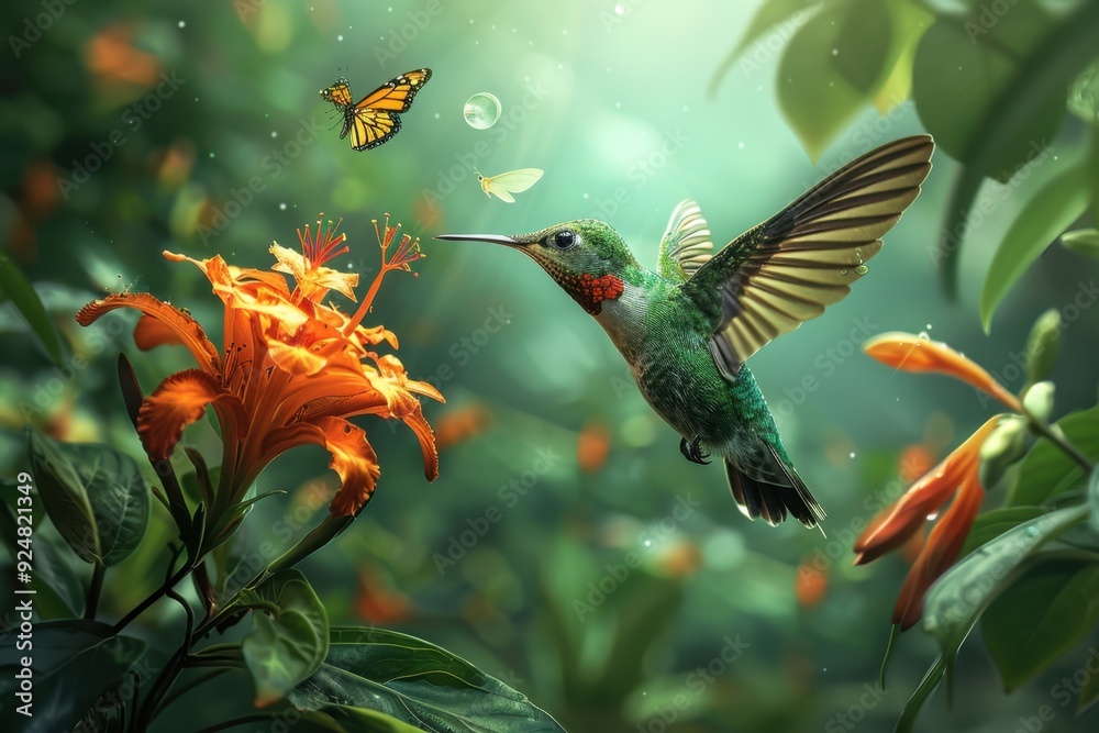 Fototapeta premium Hummingbird in Flight Near Orange Flower and Butterfly