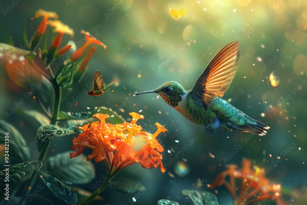 Hummingbird in Flight Approaching Orange Flowers Hummingbird in Flight Approaching Orange Flowers