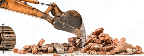 An excavator claw reaching to demolish a suburban home, with bricks and wood scattered around, all on a pristine white background