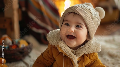 A happy baby wearing cozy clothes, smiling and playing with toys, warm and joyful moment