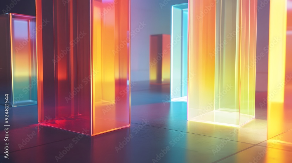 96. Floating, multi-colored prisms with shifting light effects and a transparent canvas 96. Floating, multi-colored prisms with shifting light effects and a transparent canvas